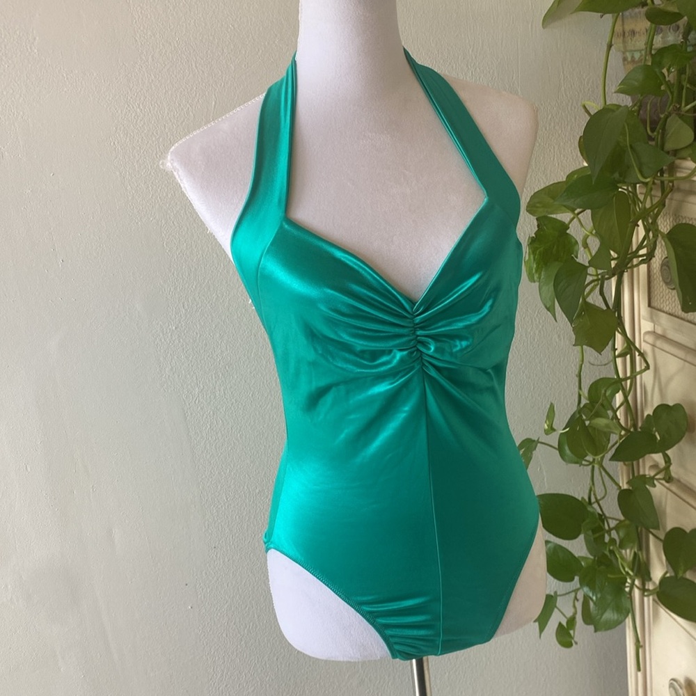 VINTAGE EMERALD GREEN BETSY JOHNSON One Piece High Cut Bathing Suit SIZE L EUC